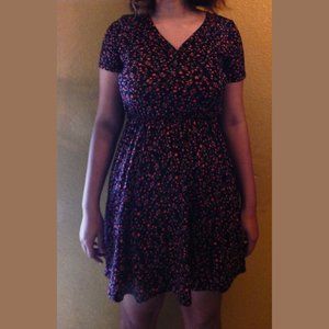 French Grey Black and Red Floral V-Neck Dress